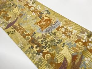 横段に短冊・草花模様織出し袋帯